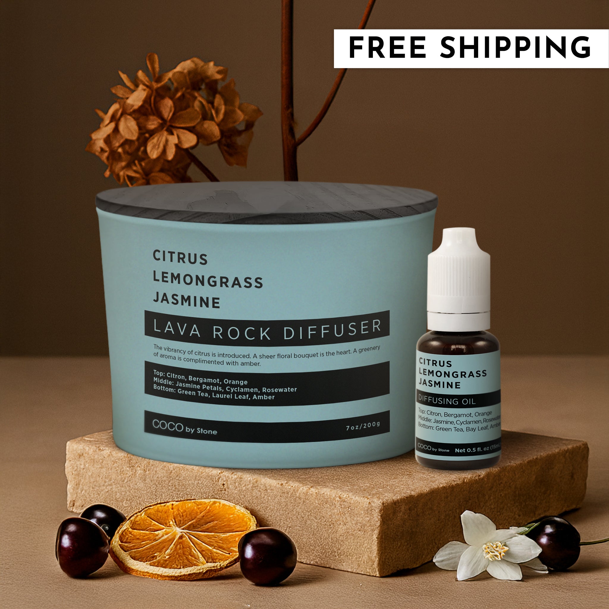 Lava Rock Diffuser with Oil Starter Pack (Citrus | Lemongrass | Jasmine)