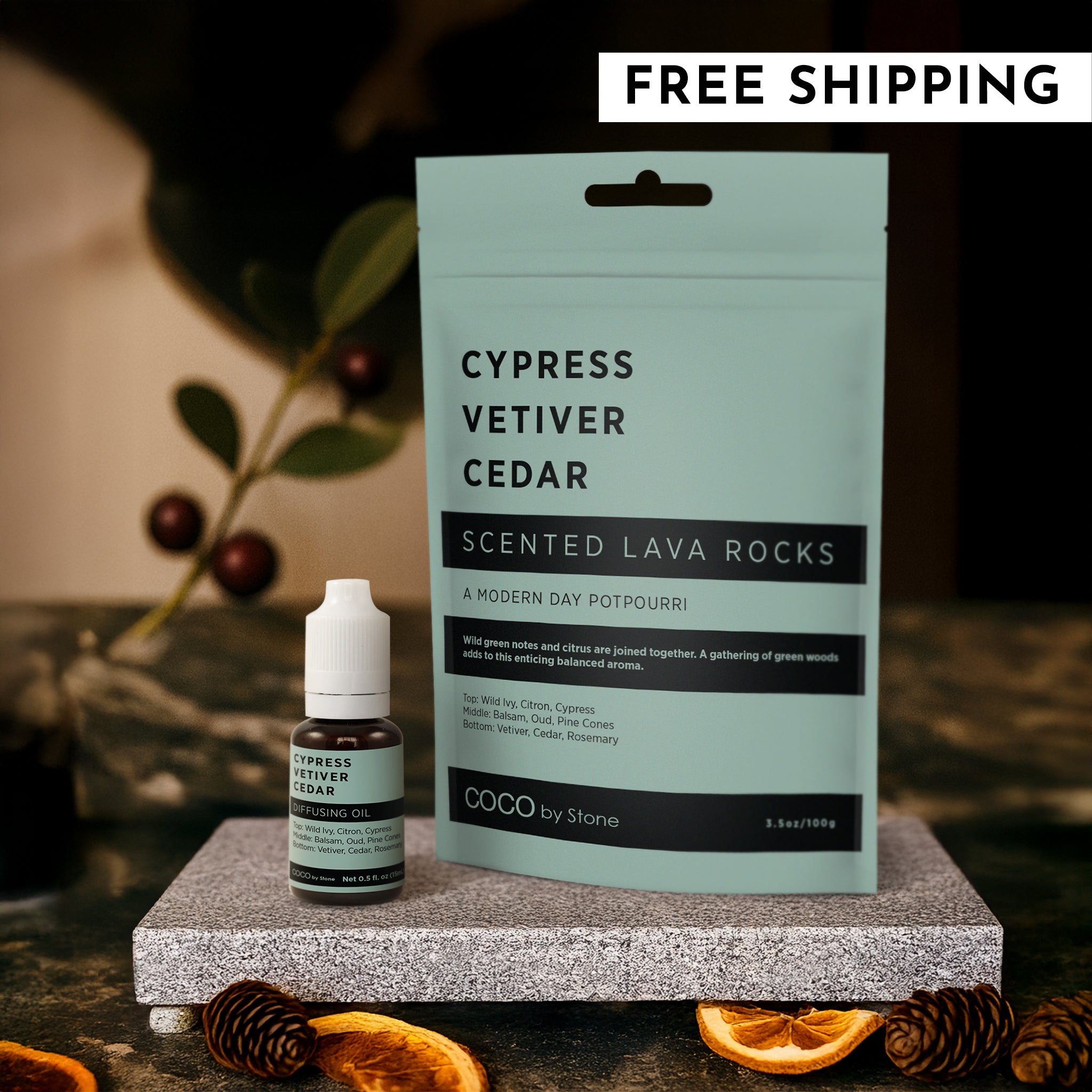 Scented Lava Rocks with Oil Starter Pack (Cypress | Vetiver | Cedar)