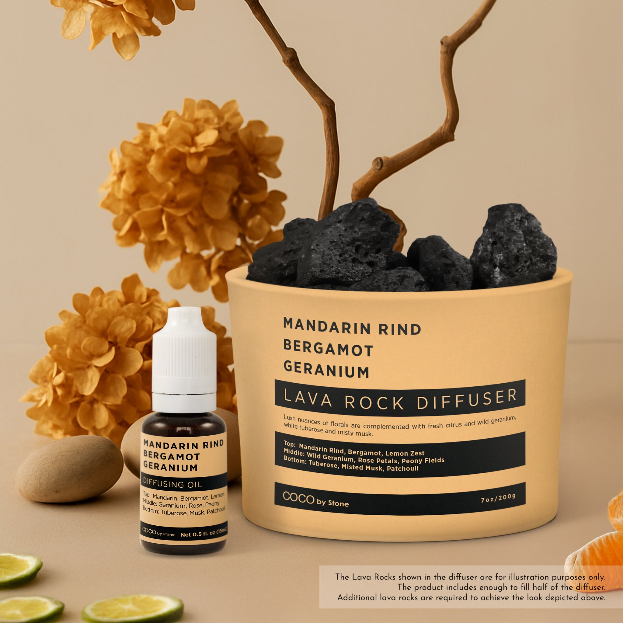 Lava Rock Diffuser with Oil Starter Pack (Mandarin Rind | Bergamot | Geranium)