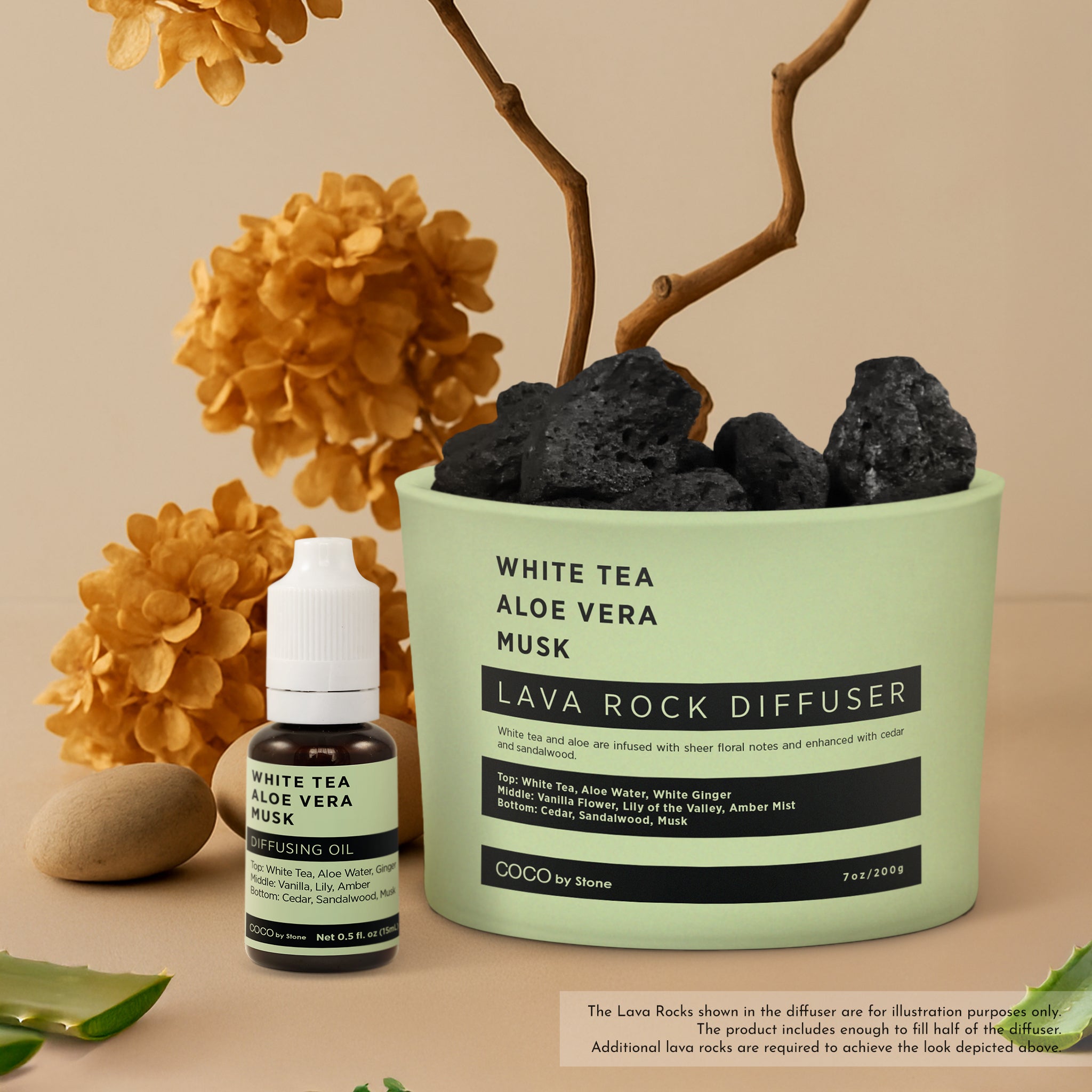Lava Rock Diffuser with Oil Starter Pack (White Tea | Aloe Vera | Musk)