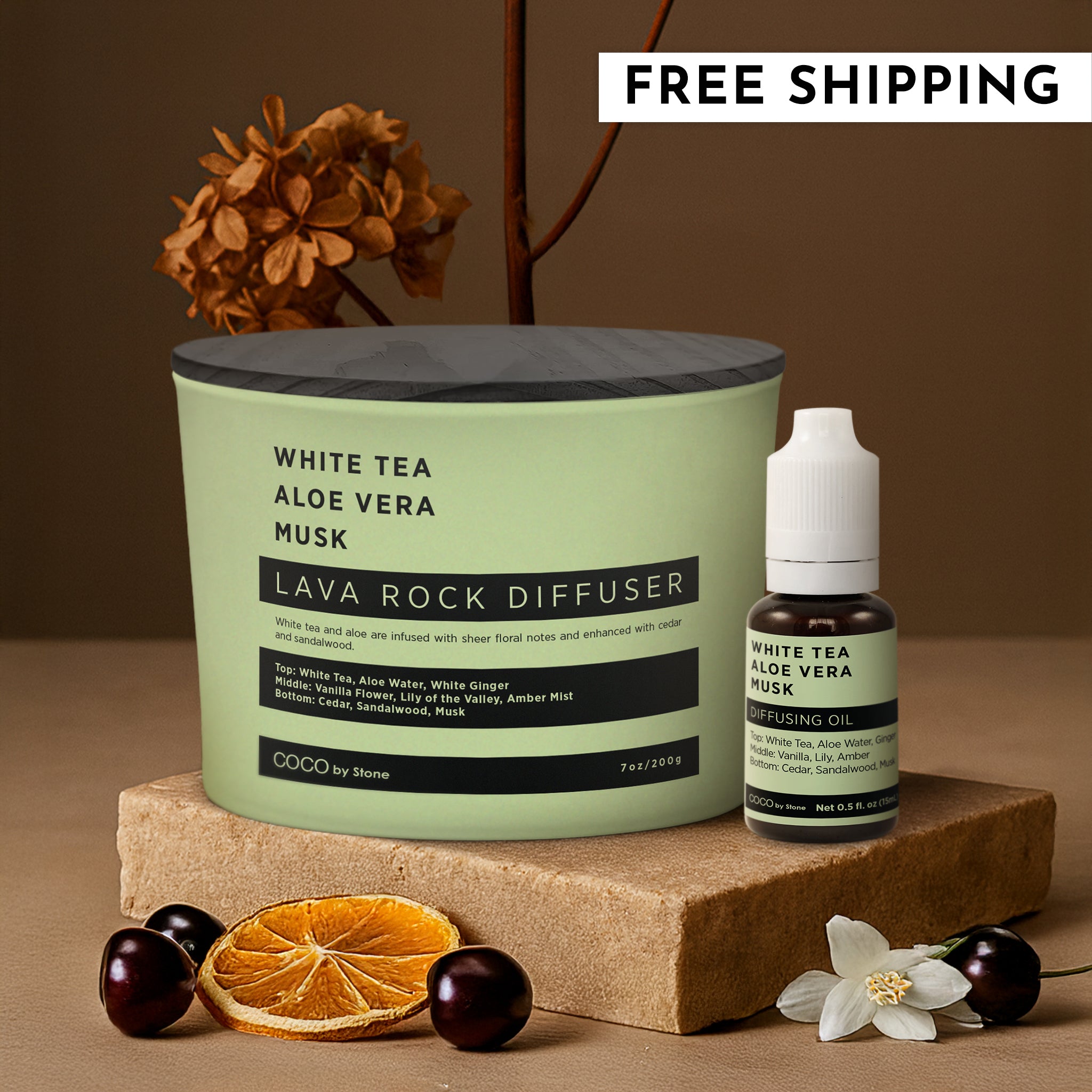 Lava Rock Diffuser with Oil Starter Pack (White Tea | Aloe Vera | Musk)