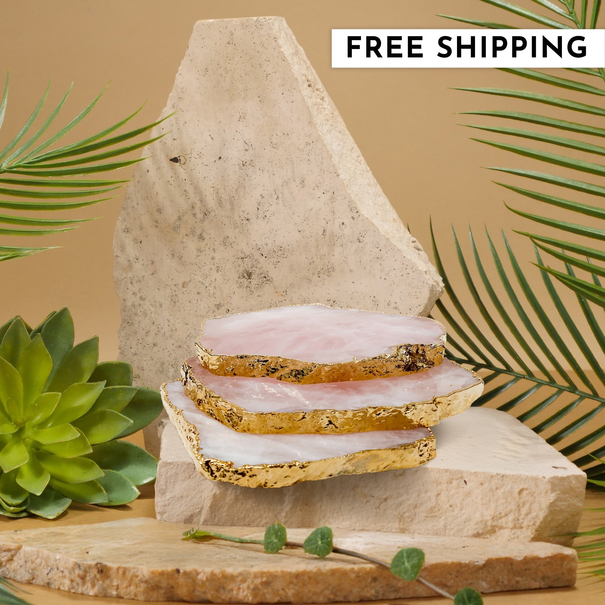 Rose Quartz Crystal Coaster (Gold sides)