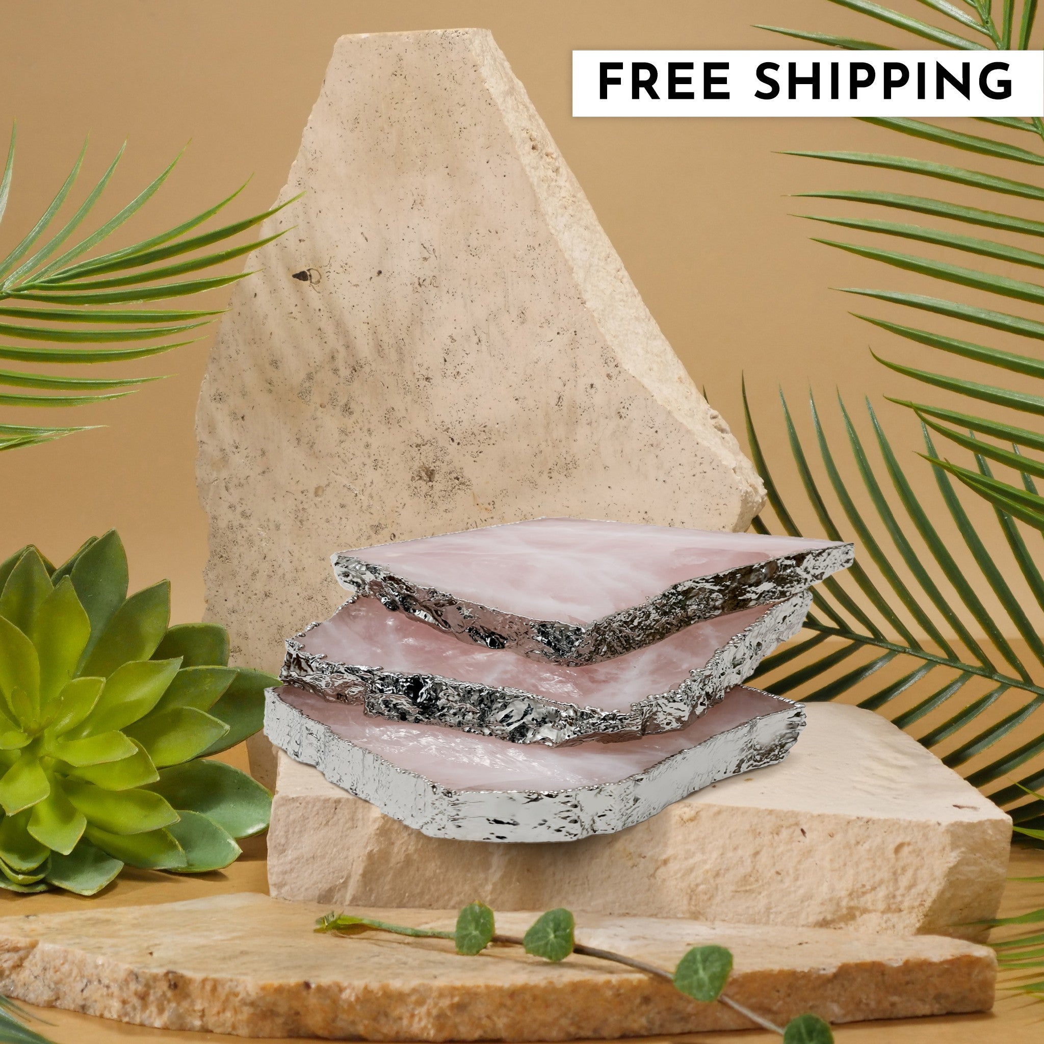 Rose Quartz Crystal Coaster (Silver sides)