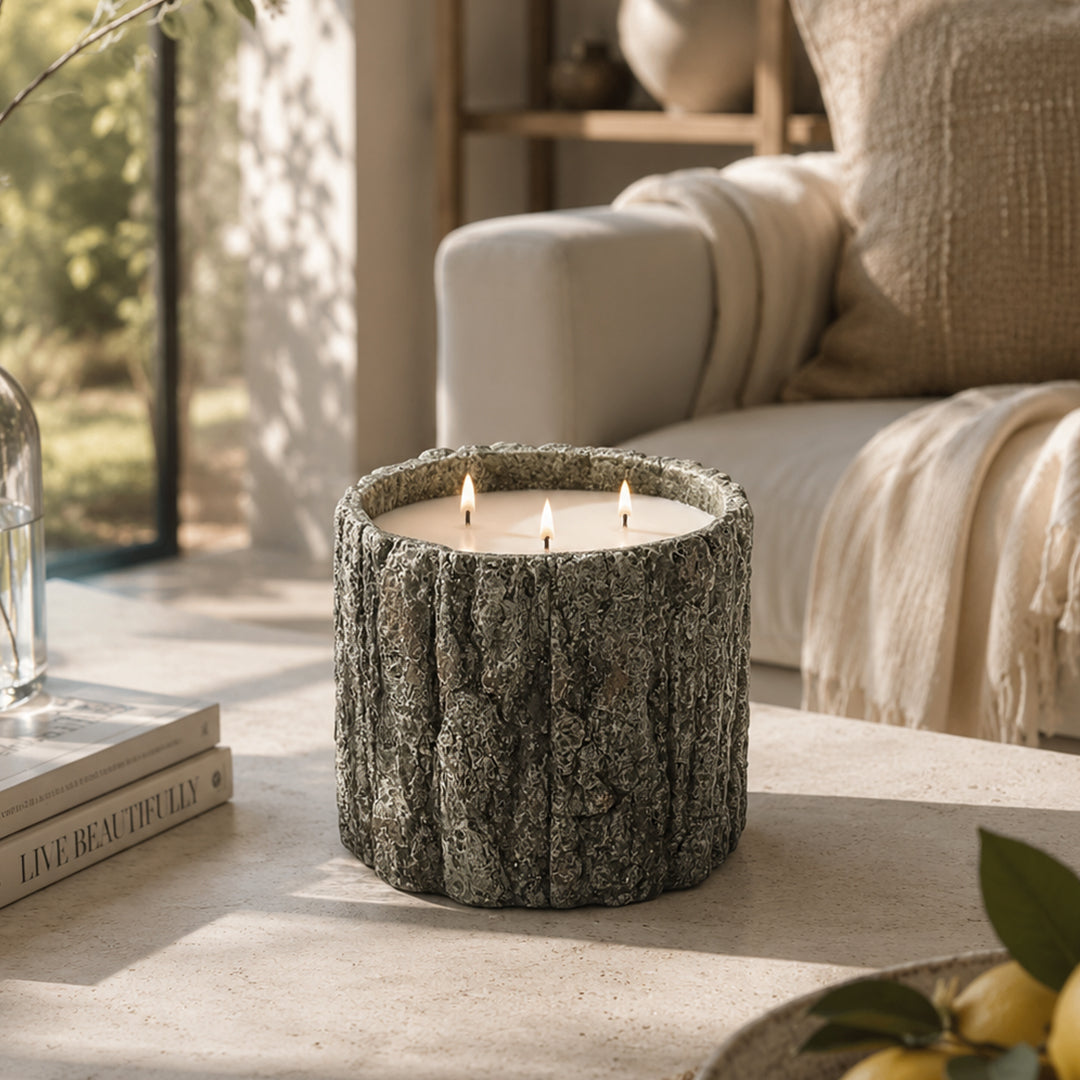 Medium Round Shaped Concrete Pot w/ Bark-Like detailing Candle- 28oz